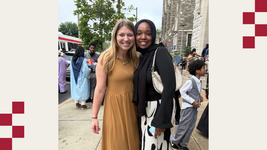 Michelle Ferguson, left, wearing a tan dress, with her former student.