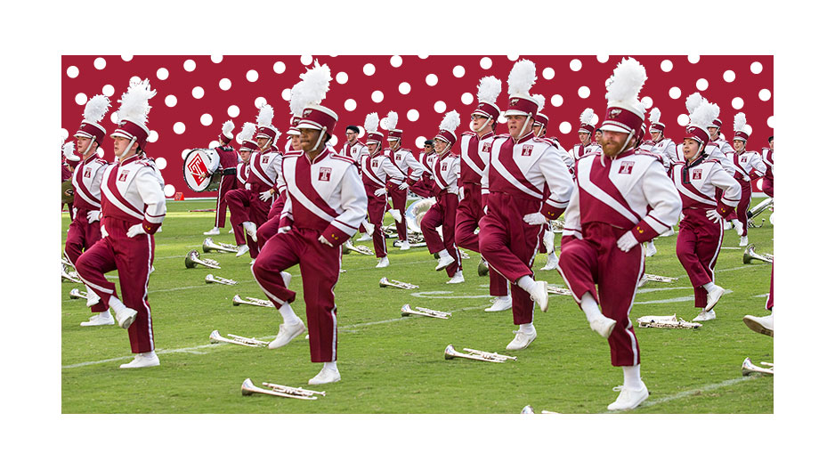An animated image of the Diamond Marching Band dancing on a football field. 
