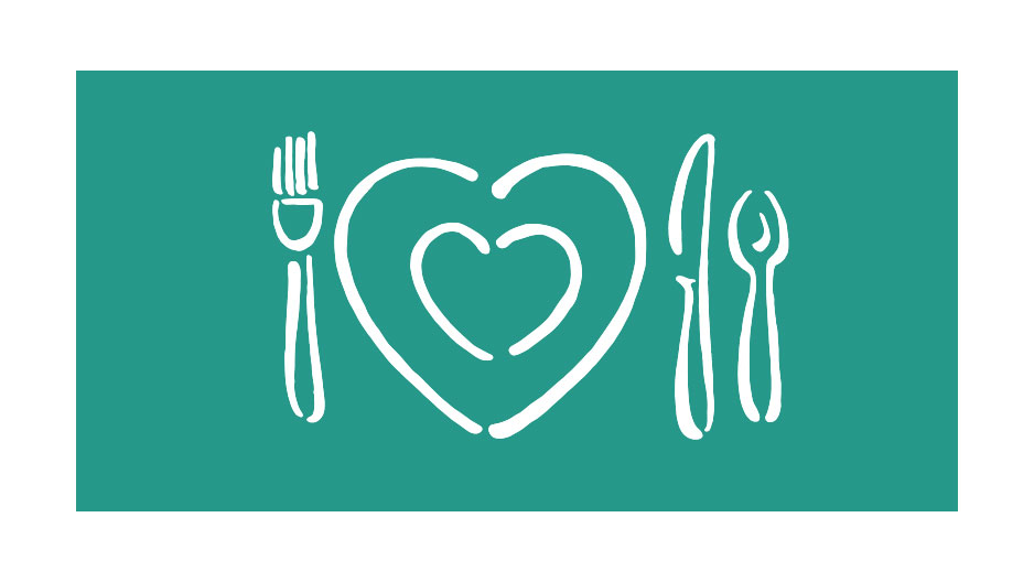 An illustration of eating utensils and a heart shaped plate.