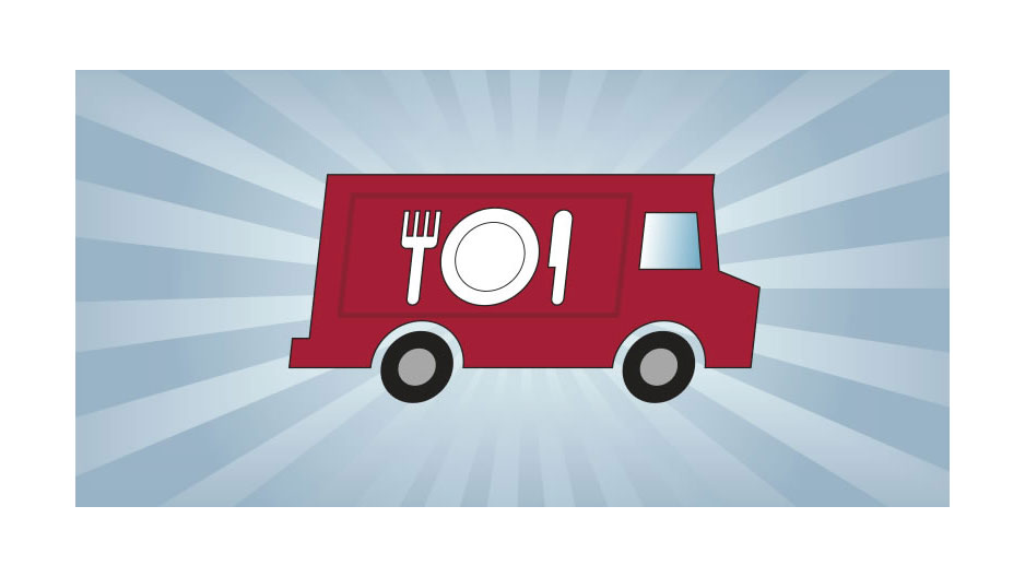 An illustrated food truck with a plate, fork and knife on the side of the truck. 