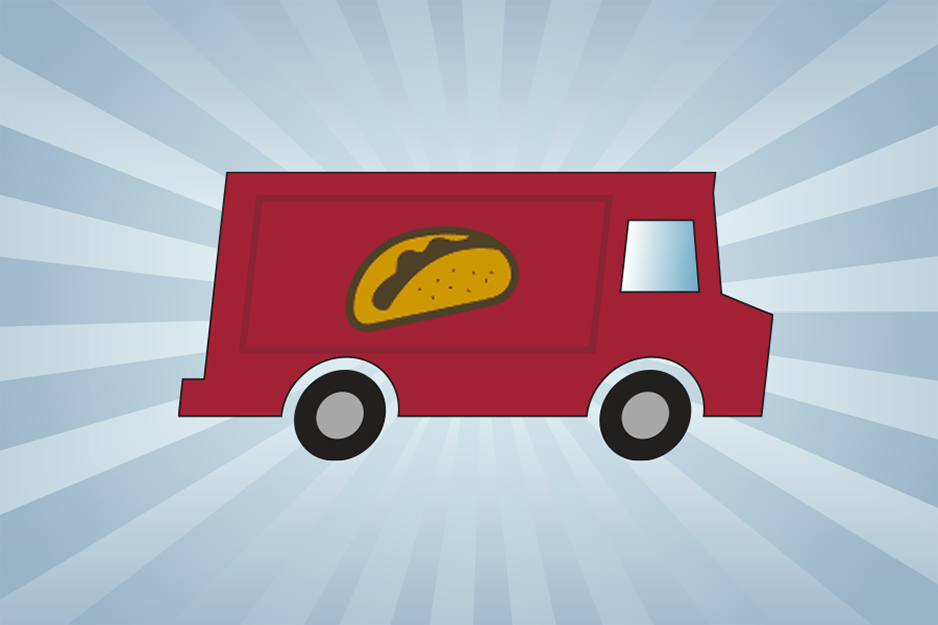 Red food truck with picture of taco