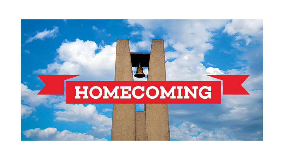 An image of the Bell Tower with a banner that reads "Homecoming". 