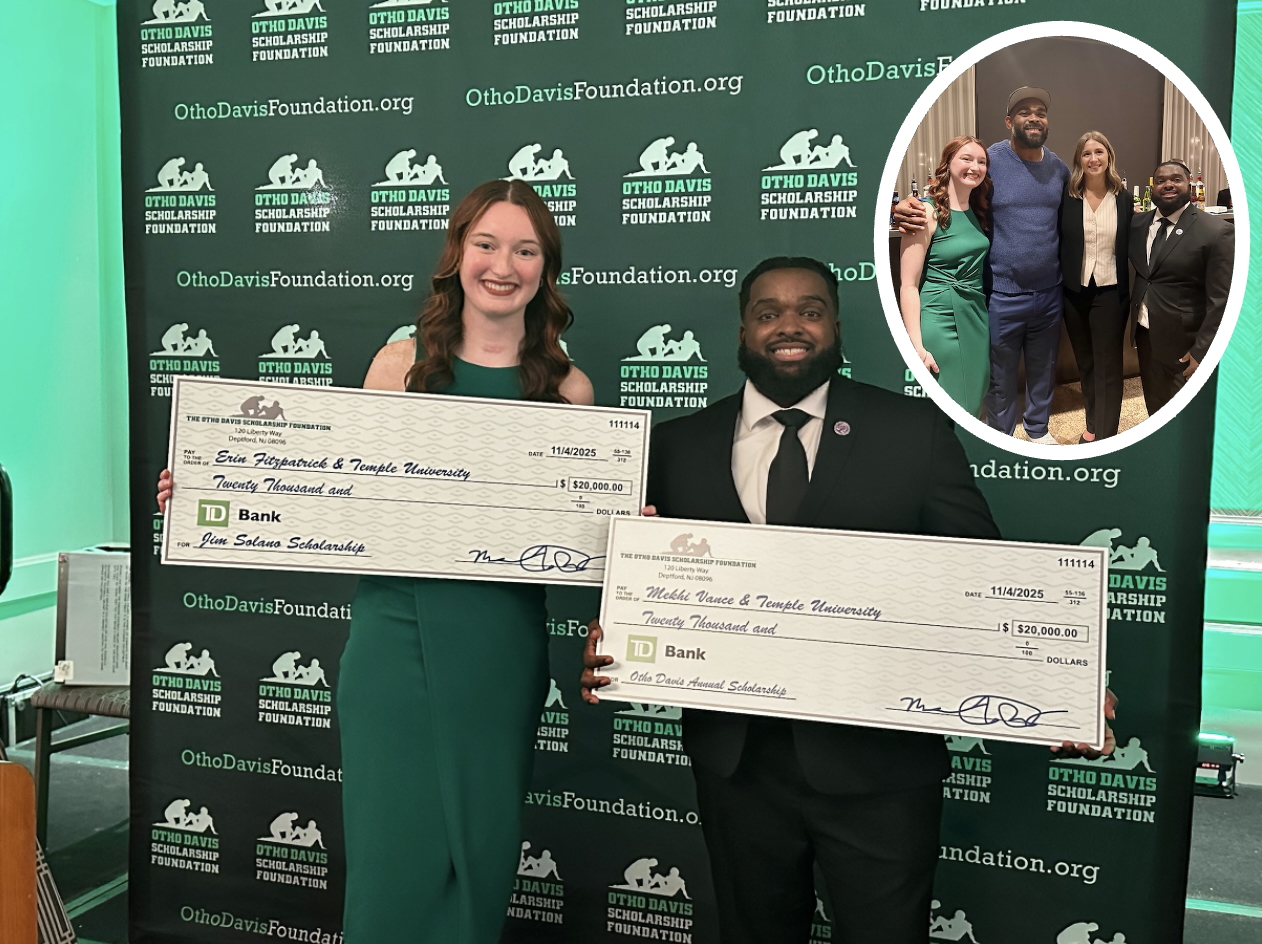 Doctor of Physical Therapy students Mekhi Vance and Erin Fitzpatrick celebrate their $20,000 Otho Davis Scholarship awards, also seen with Eagles defensive end Brandon Graham in the inset.