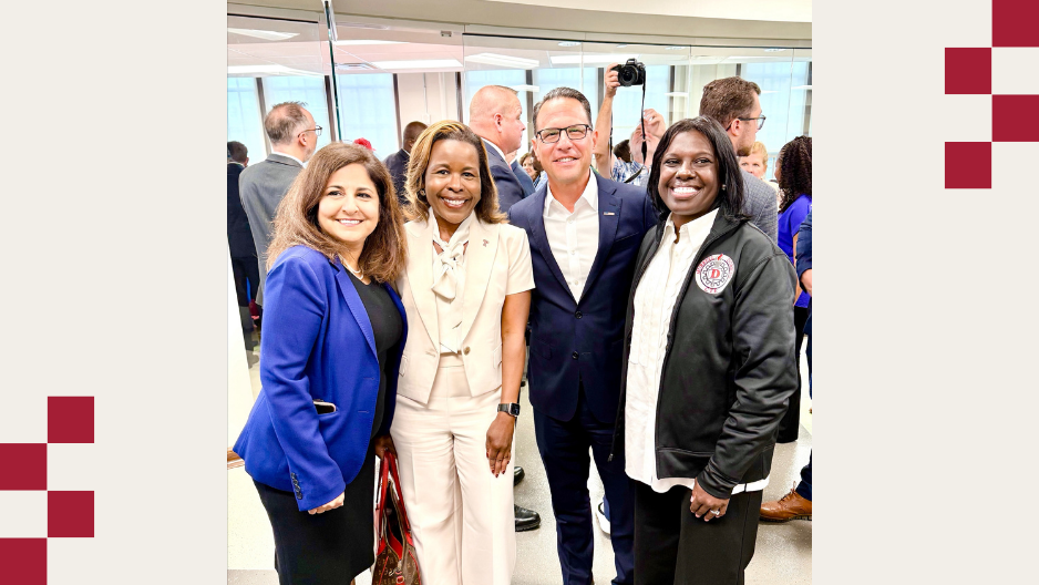 From left to right: Center for American Progress President and CEO Neera Tanden, Temple University College of Education and Human Development Dean Monika Williams Shealey, Governor Josh Shapiro, and Murrell Dobbins Career and Technical Education High School Principal Shervon Thompson.
