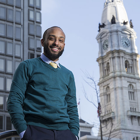 Professional Devlopment student in front of city hall