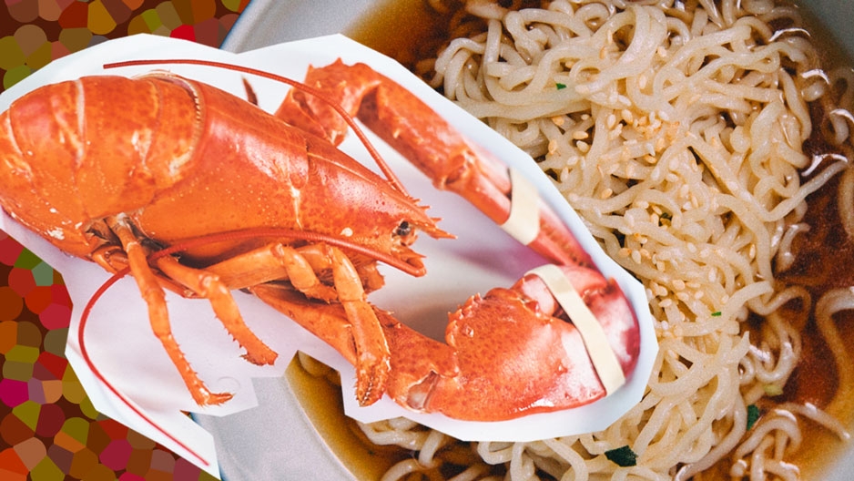 a graphic of a lobster with ramen noodles