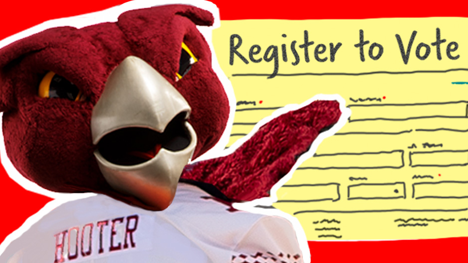 A graphic of Hooter with a note saying register to vote