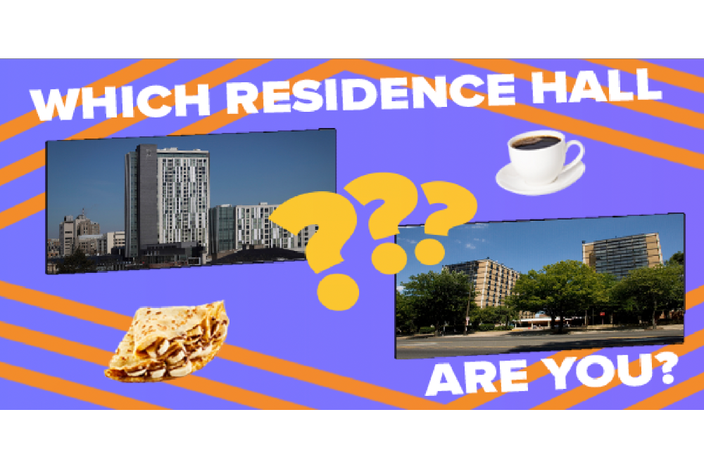 two residence halls, a crepe, a cup of coffee and three question marks