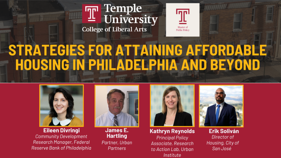 image of panel of speakers on a red slide with the Temple logo