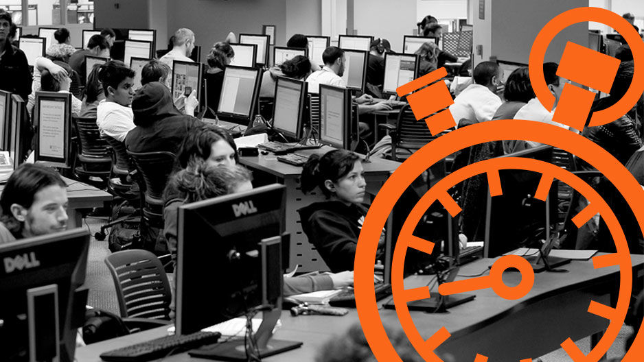 Black and white graphic with a clock animation to emphasize the semester countdown.