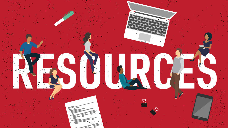 An illustration with bold text that reads “resources” with figures and objects. 