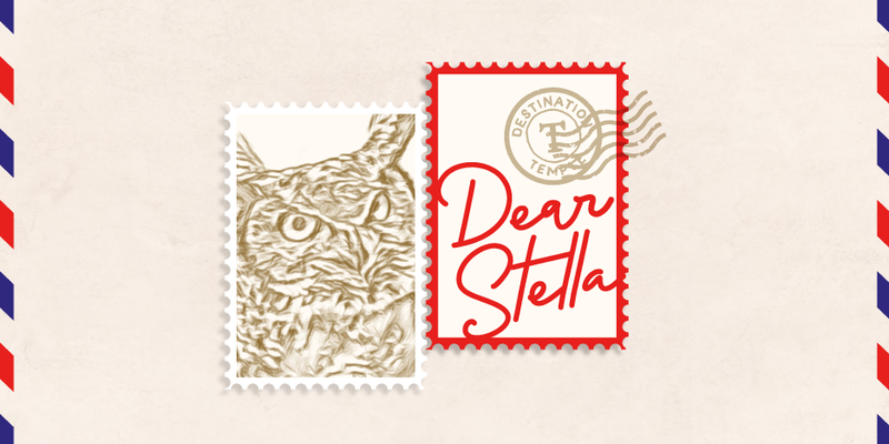An illustration of two postage stamps, one with Stella the Owl and one that reads Dear Stella. 
