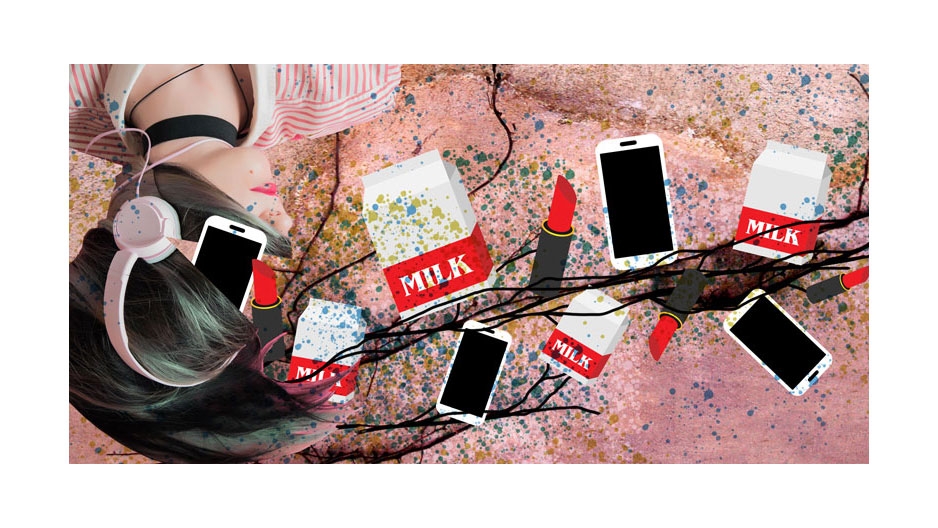 A vine that is growing cartons of milk, lipsticks and cellphones emerging from a woman’s head.