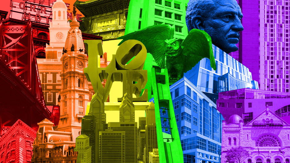 An illustration of landmarks in Philadelphia and on Temple's campus with rainbow colors. 