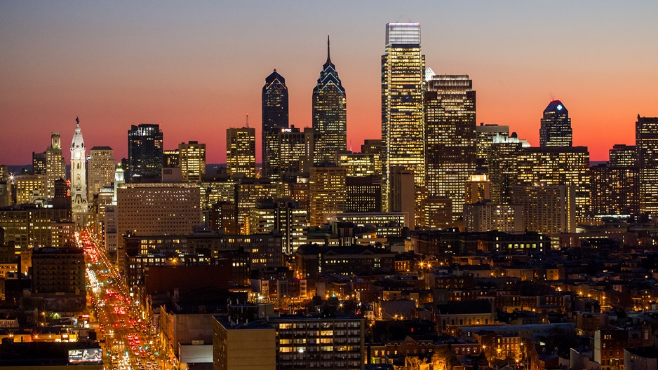 the Philadelphia skyline at night.