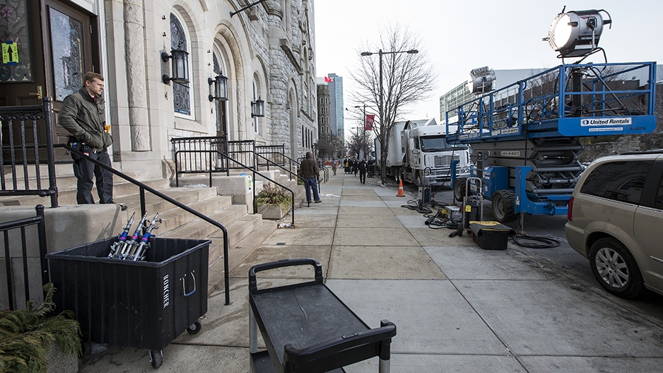 Lighting equipment on the sidewalk outside the Temple Performing Arts Center.