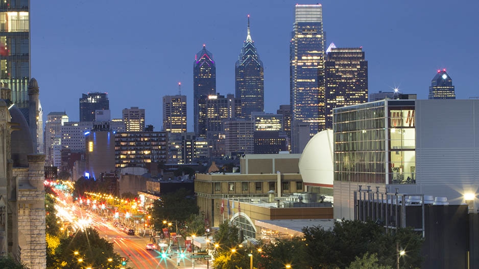 The view of the Philadelphia skyline from Temple’s campus.