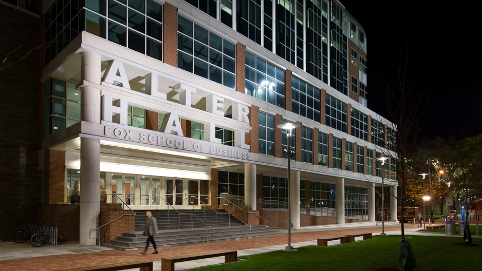 Temple University's Alter Hall at night.