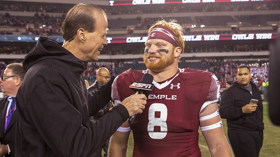 Football player Tyler Matakevich being interviewed by sports network ESPN.