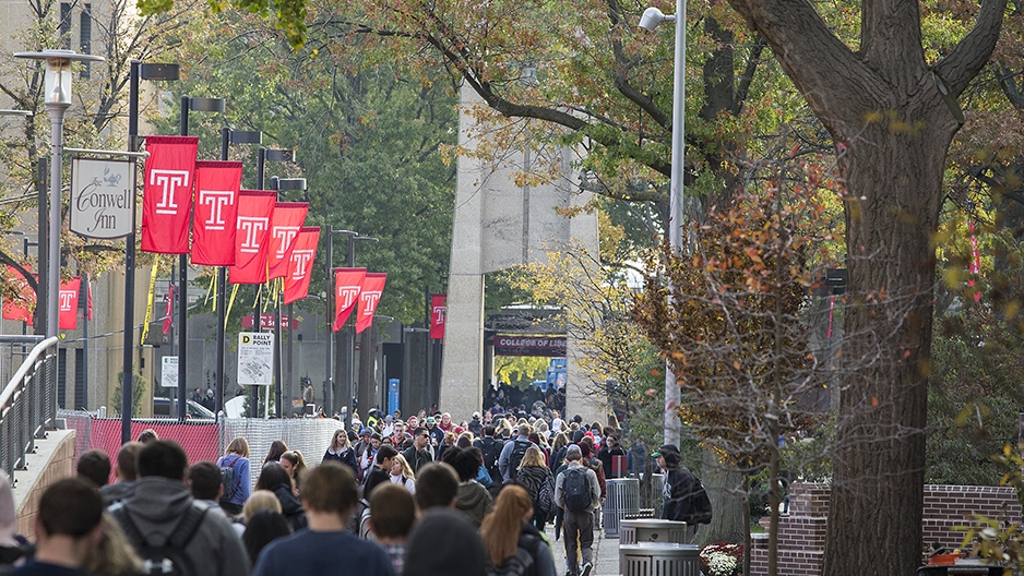 A crowd of students walking  on Polett Walk towards the Bell Tower. 