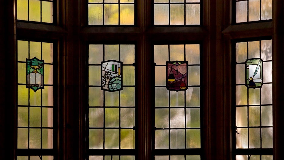 stained glass windows in a building on Temple's campus
