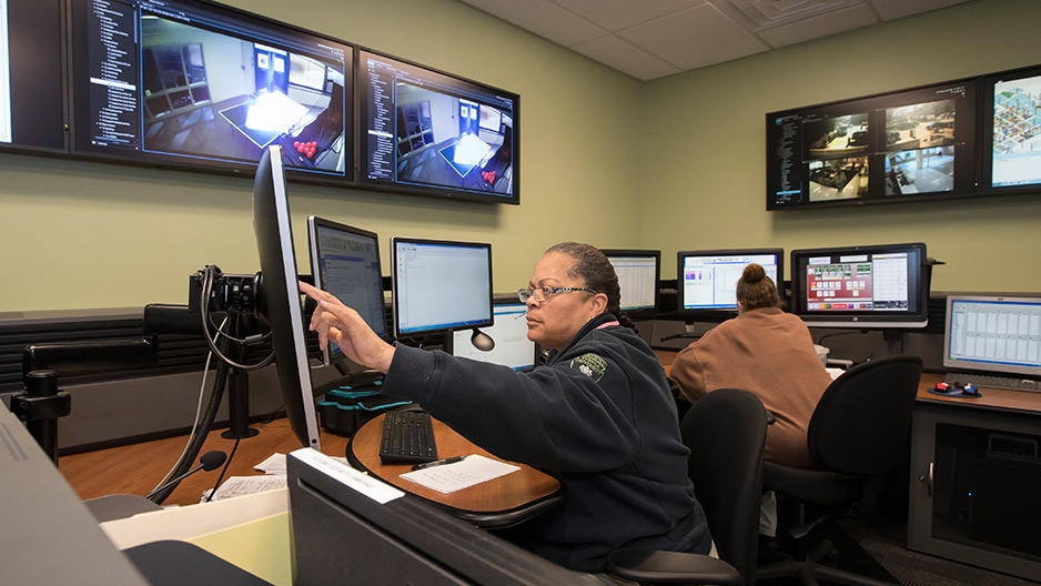 A woman working in the new dispatch center. 