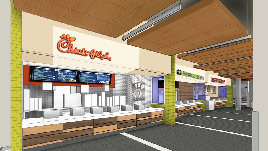 a rendering showing what the new student center food court will look like.