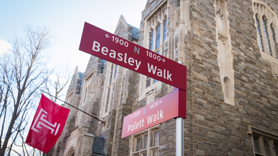 new signs marking Pollett Walk and Beasley Walk on Temple’s campus