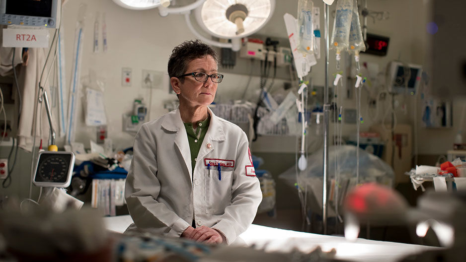 Amy Goldberg sitting in a hospital room