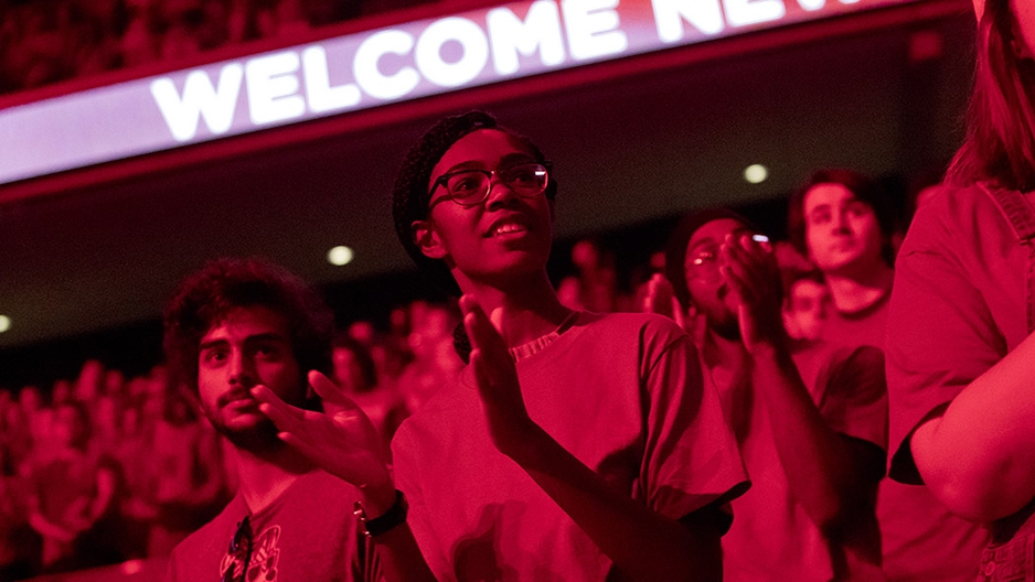 New Temple students clap during a post-Convocation pep rally