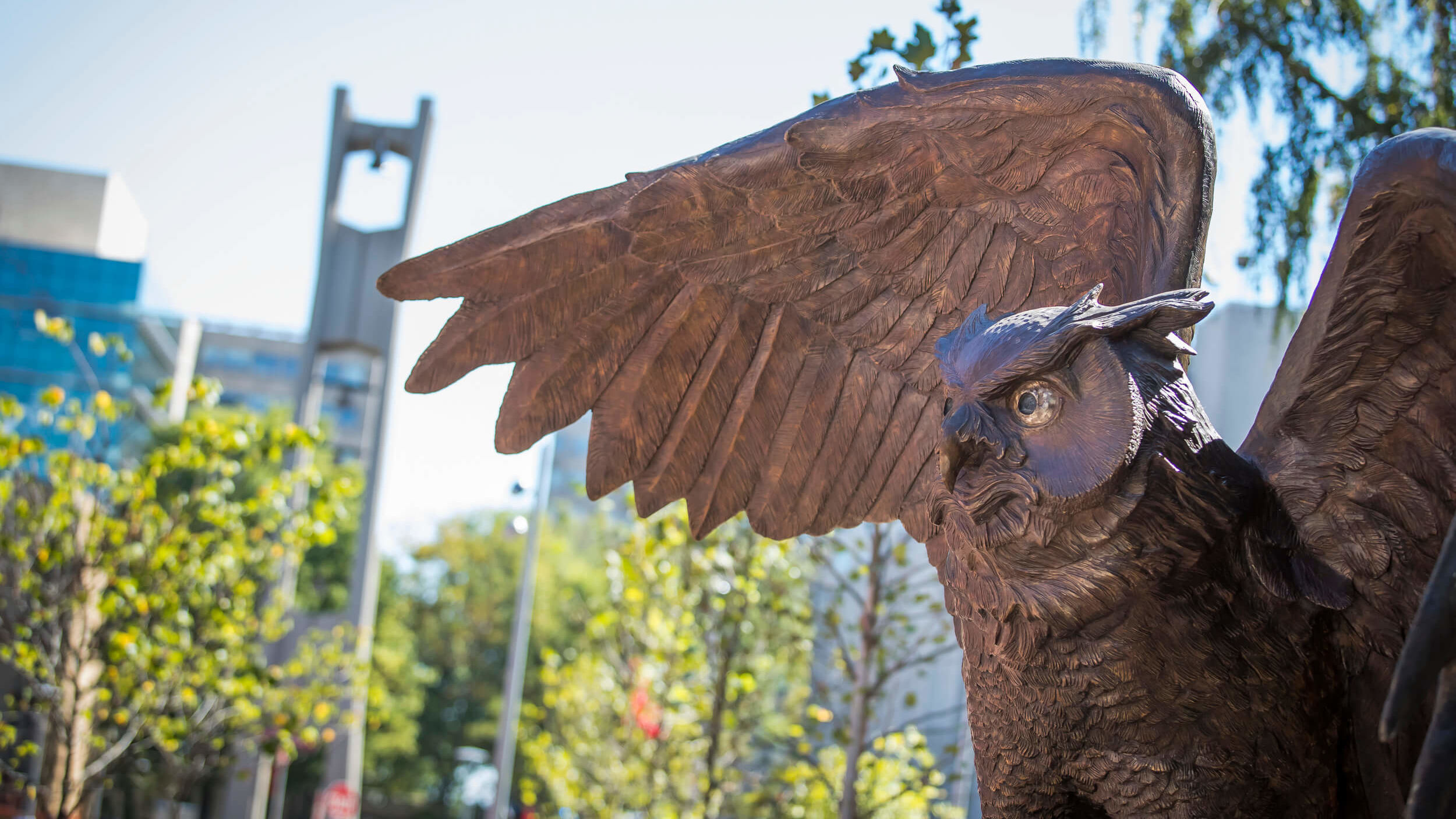 An Owl statue spreads its wings on Temple's Main Campus.