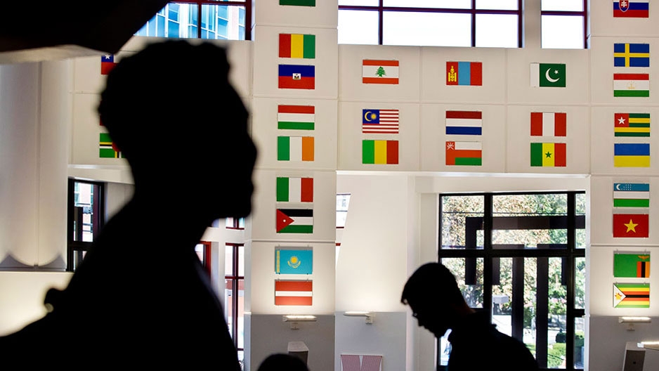 International flags on display in Temple's Student Center