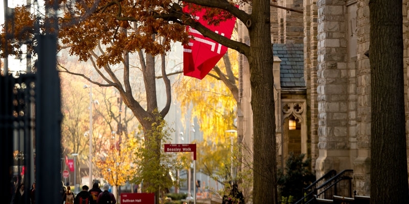 Temple flag outside Sullivan Hall