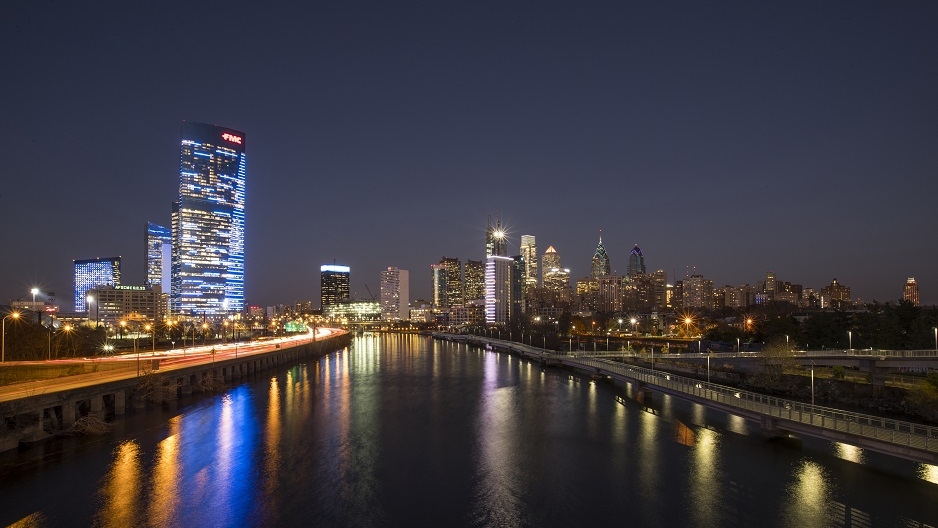 The Philadelphia skyline at night. 