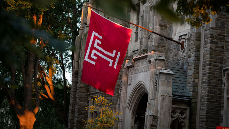 Temple flag outside Sullivan Hall