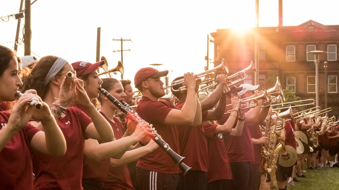 Image of Diamond Marching Band members rehearsing.