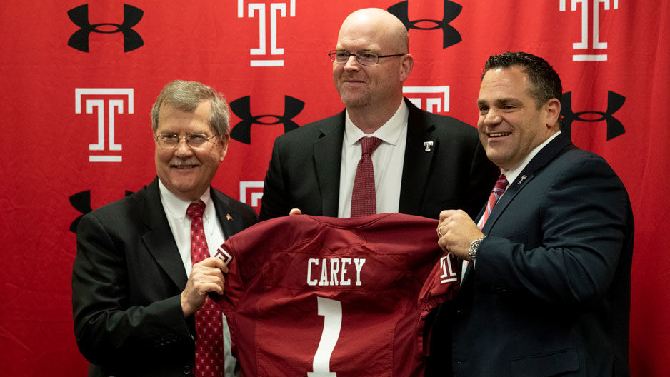 Rod Carey with President Richard Englert and Director of Athletics Pat Kraft