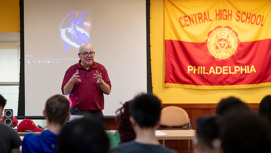 David Brookstein speaks to students at Central High School