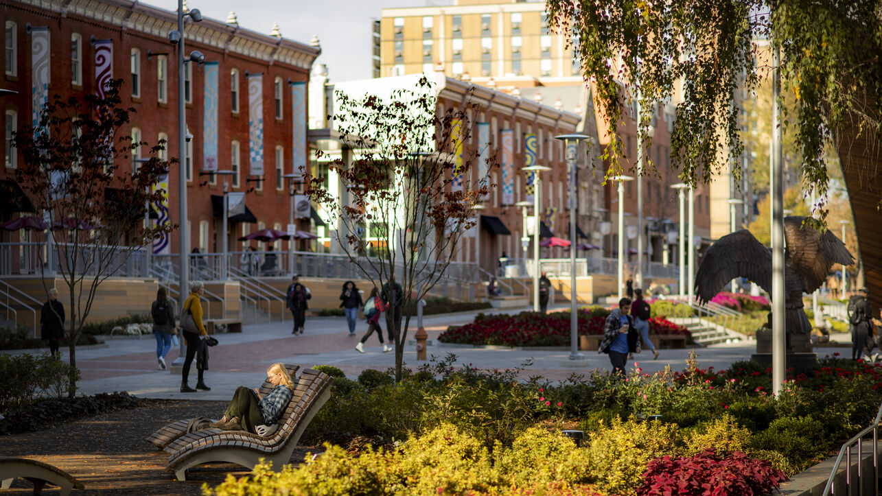 Students along O'Connor Plaza and Liacouras Walk