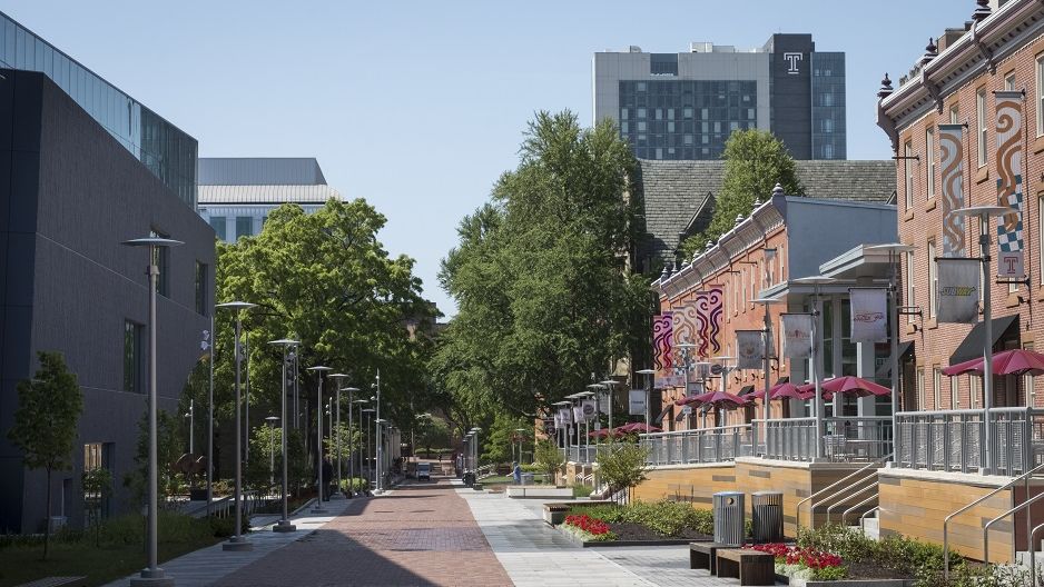 Liacouras Walk on Main Campus looking south toward Morgan Hall. 