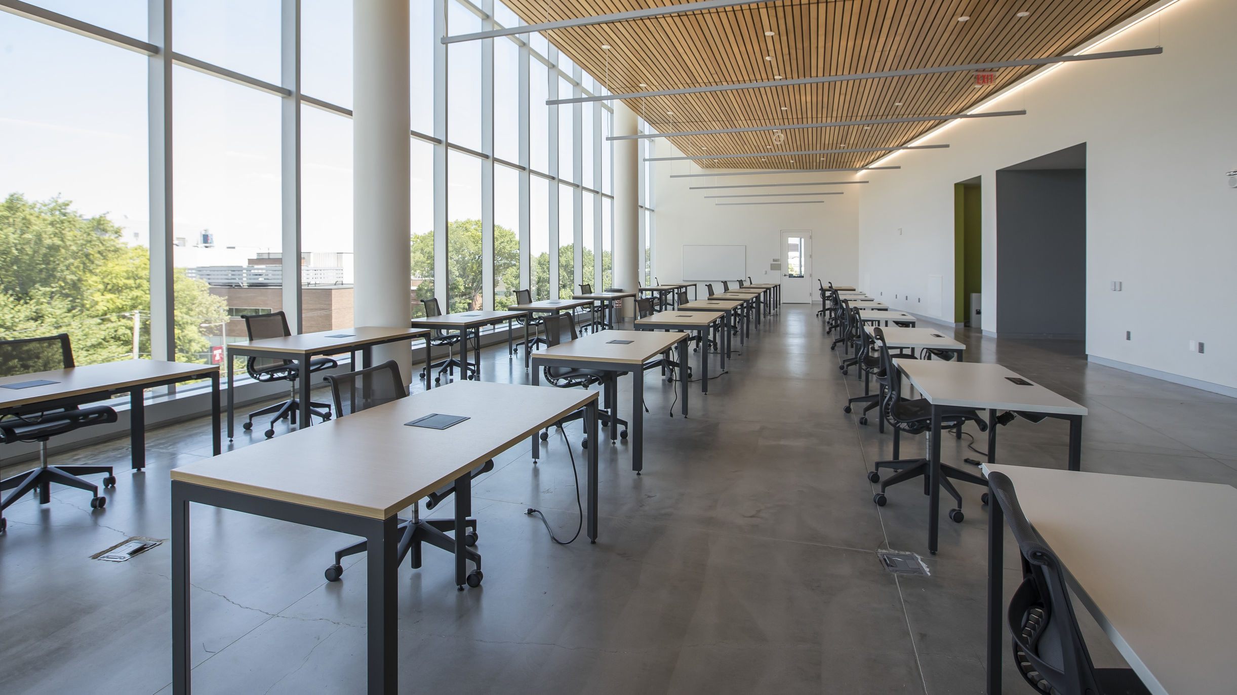 A classroom in Charles Library set up for physically distanced learning