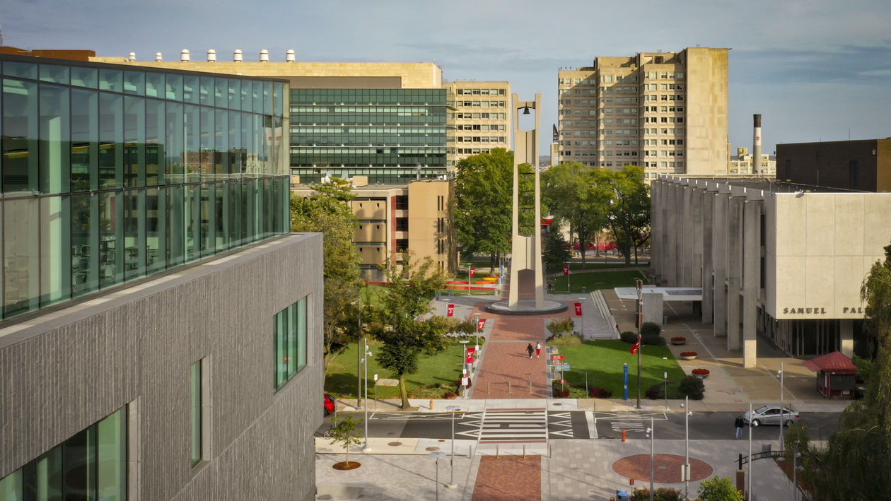 Aerial view of the Bell Tower on Main Campus