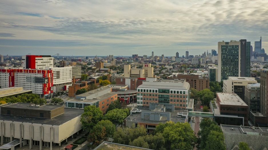 aerial image of Main Campus and Philadelphia