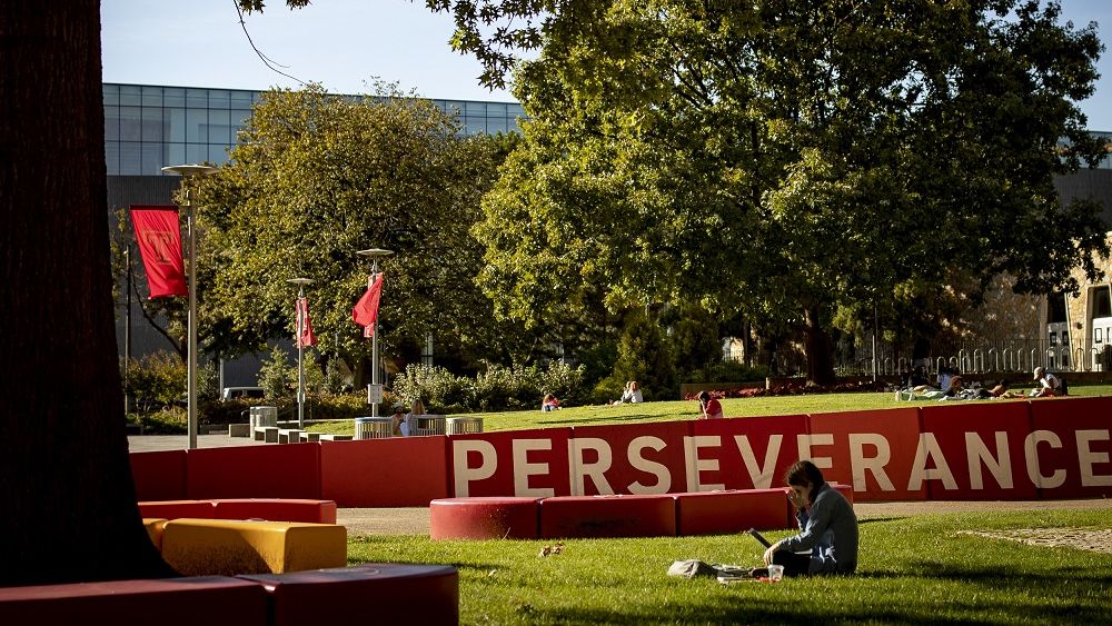 A student sitting in the grass on Main Campus near the Perseverance Conquers mural.