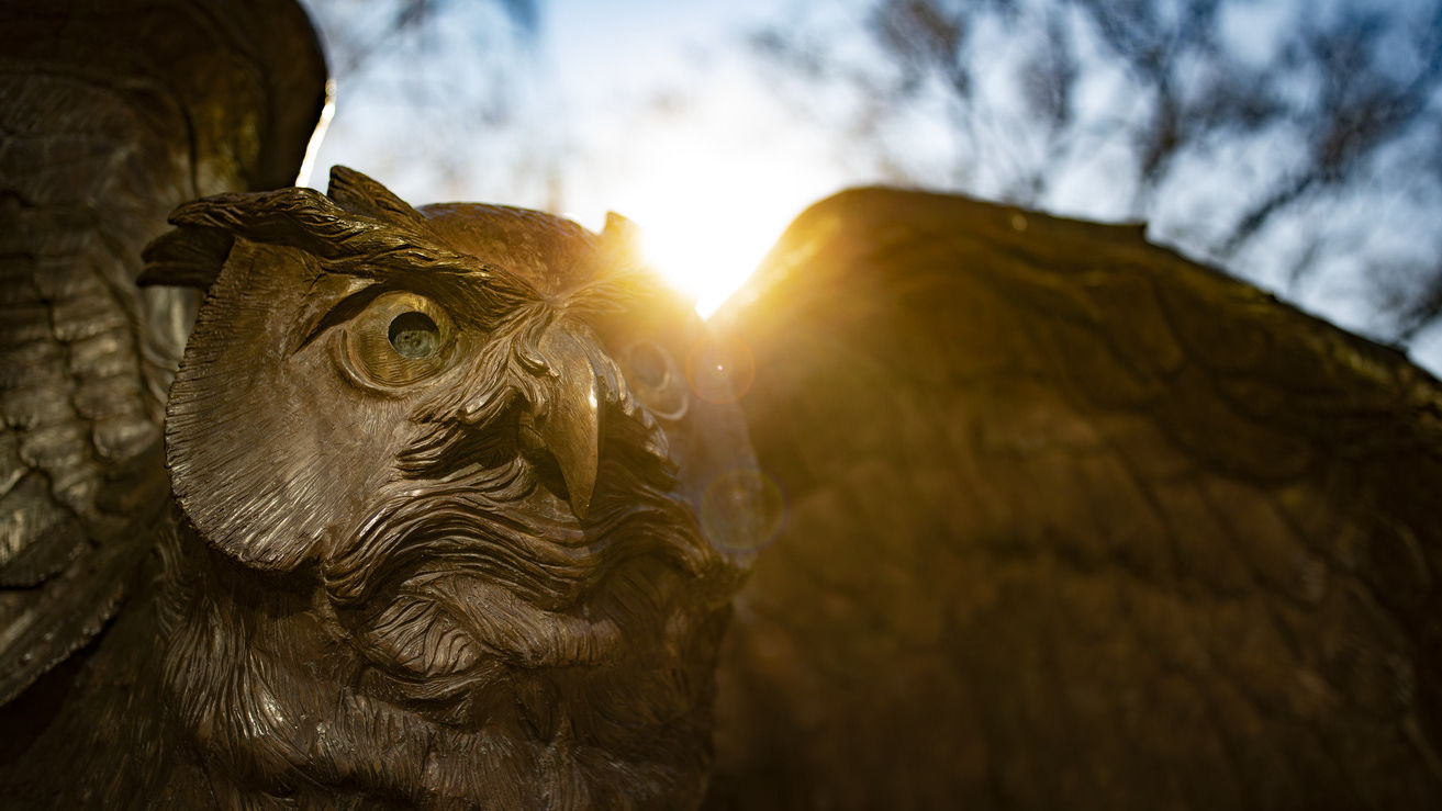 An Owl statue spreads its wings on Temple's Main Campus.