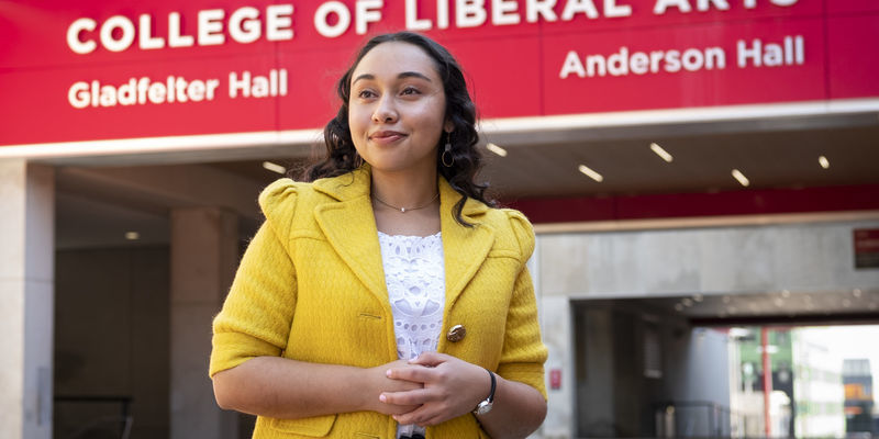 Image of Paige Hill outside of College of Liberal Arts at Temple