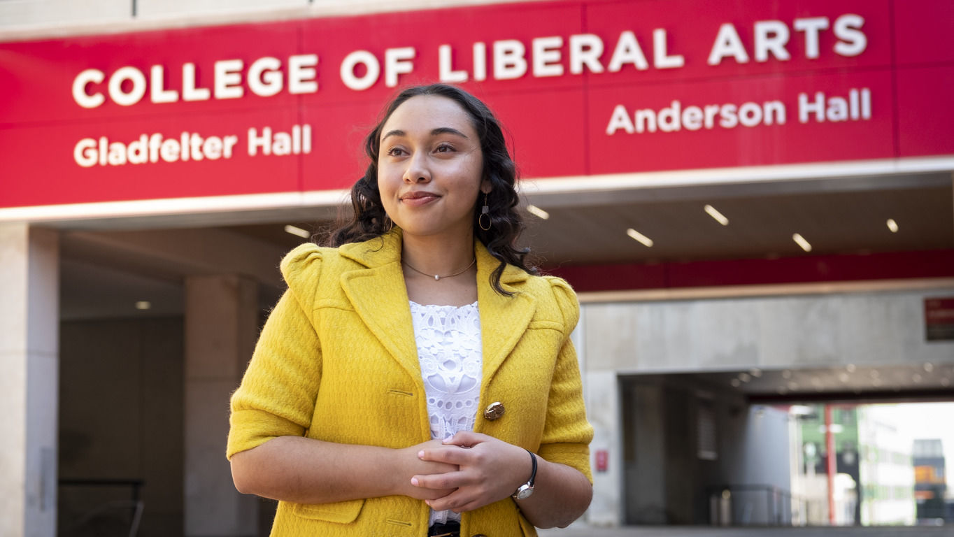 Image of Paige Hill outside of College of Liberal Arts at Temple