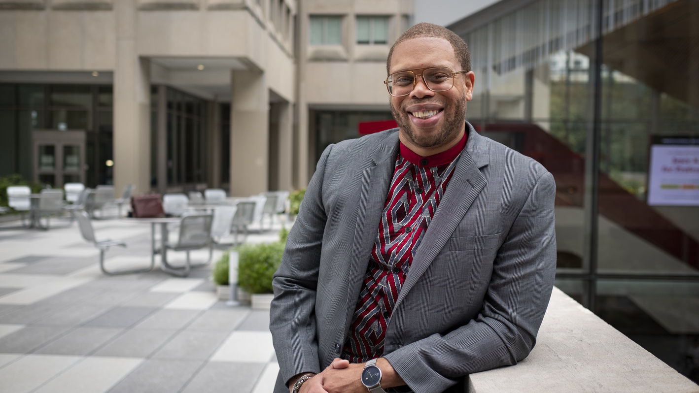 Timothy Welbeck, a professor at Temple University posing outside at the rooftop terrace of Mazur and Gladfelter halls.  