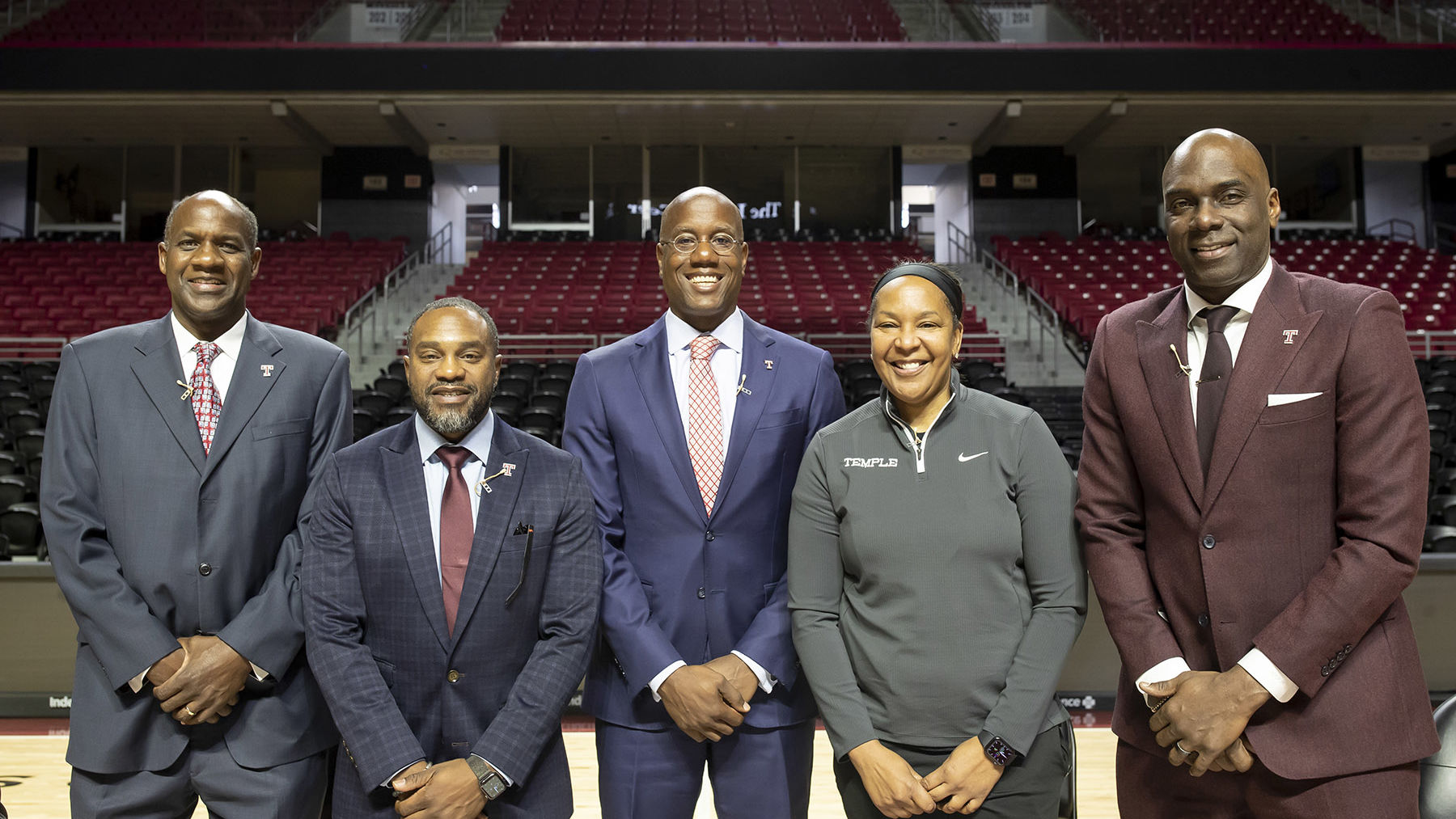 Arthur Johnson, Stan Drayton, President Jason Wingard, Tonya Cardoza and Aaron McKie pictured.