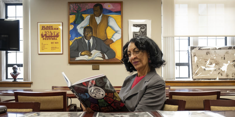 Diane Turner, curator of the Blockson Collection, reads a copy of the collection’s new graphic novel, “Black Lives Always Mattered!”
